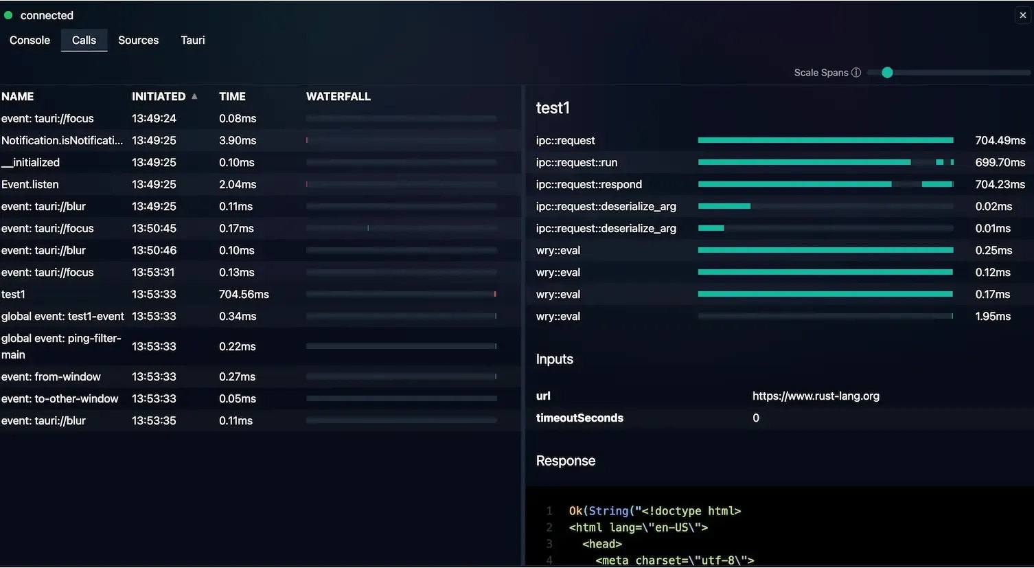 Screenshot of the calls tab with details panel active and the second section (inputs) highlighted in red