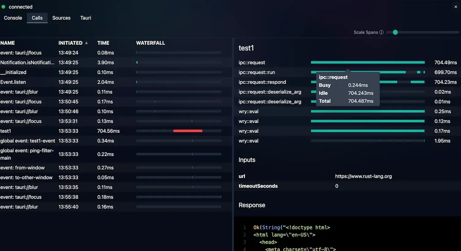 Screenshot of the calls tab with details panel active showing the span popover that reveals additional info about the span