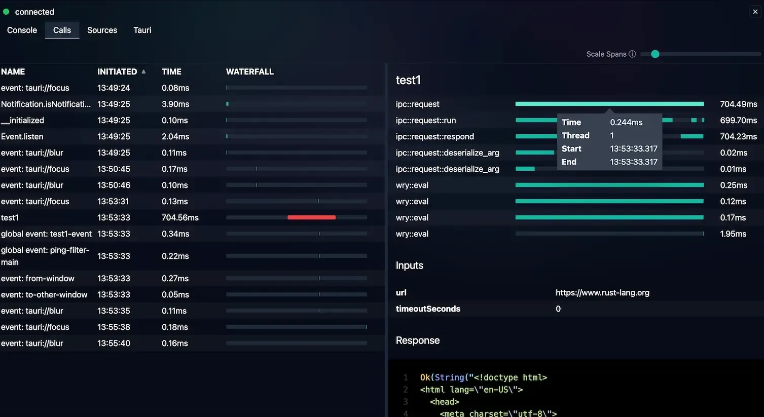 Screenshot of the calls tab with details panel active showing the work unit popover that reveals additional info about the work unit