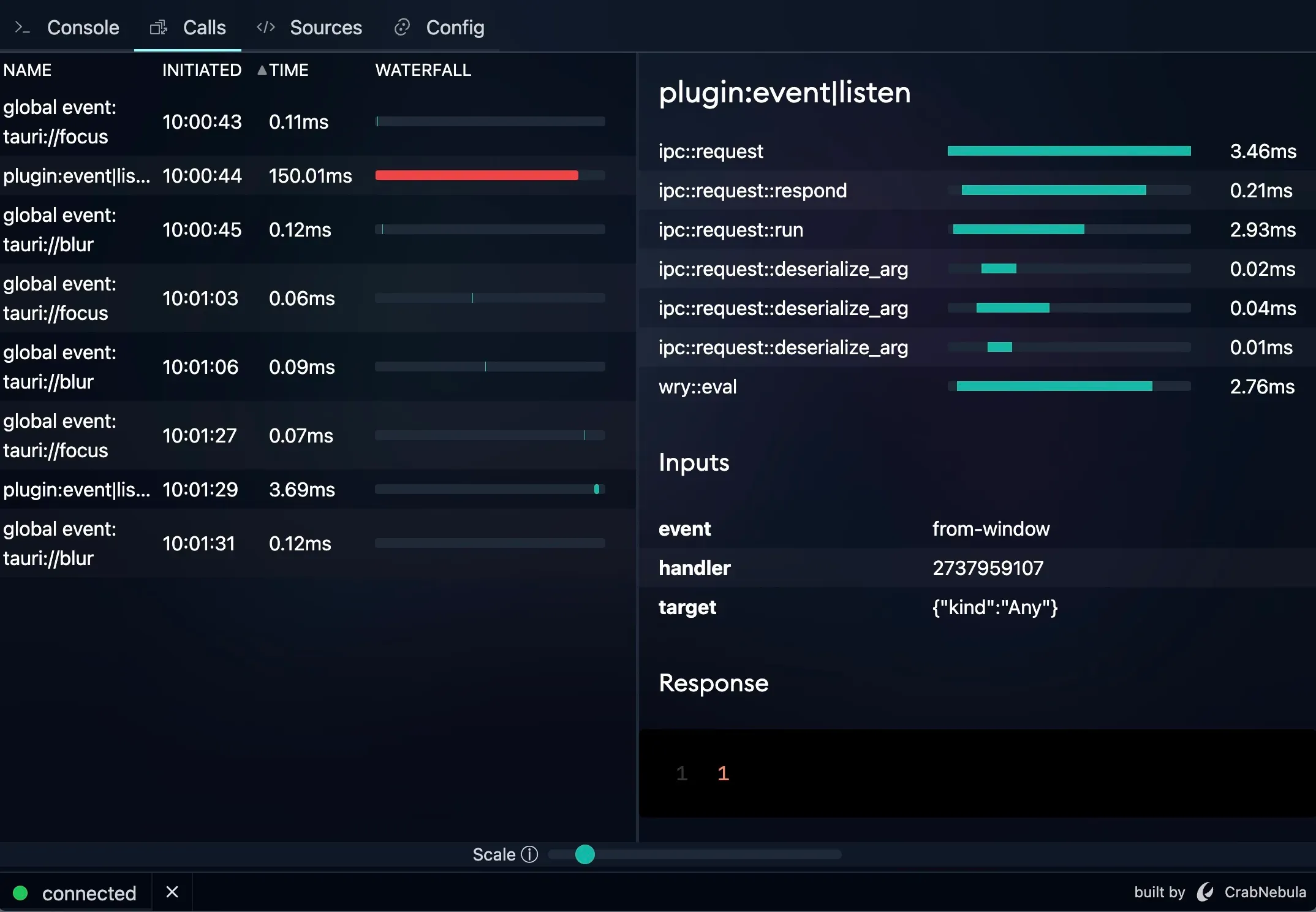 Screenshot of the calls tab showing rows of performance events