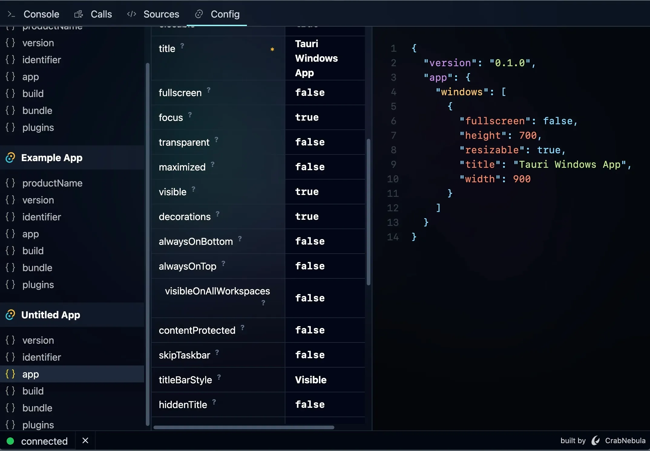 Screenshot of the Tauri tab showing a set of loaded configuration files on the left