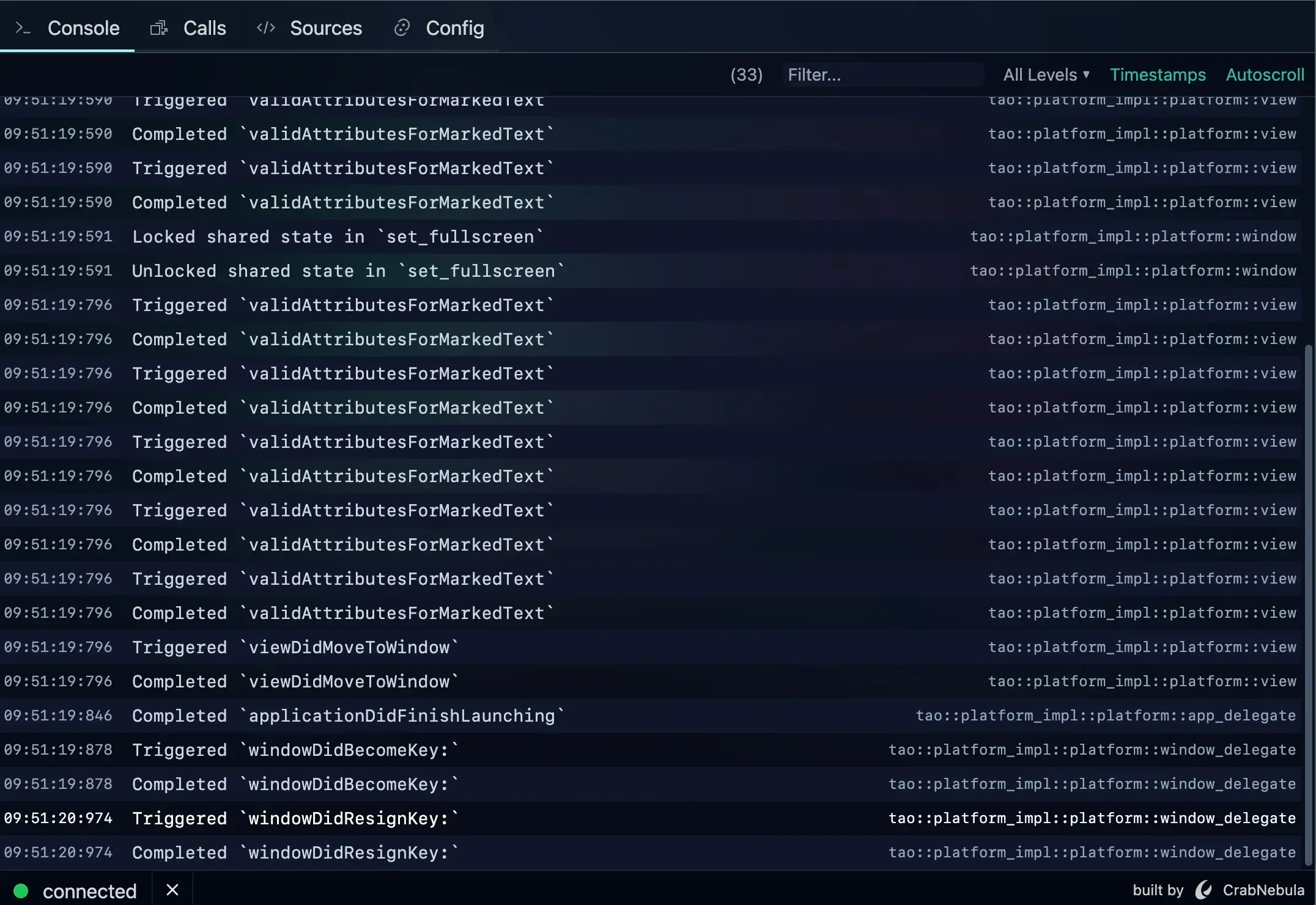 Screenshot of the calls tab showing lines of log messages