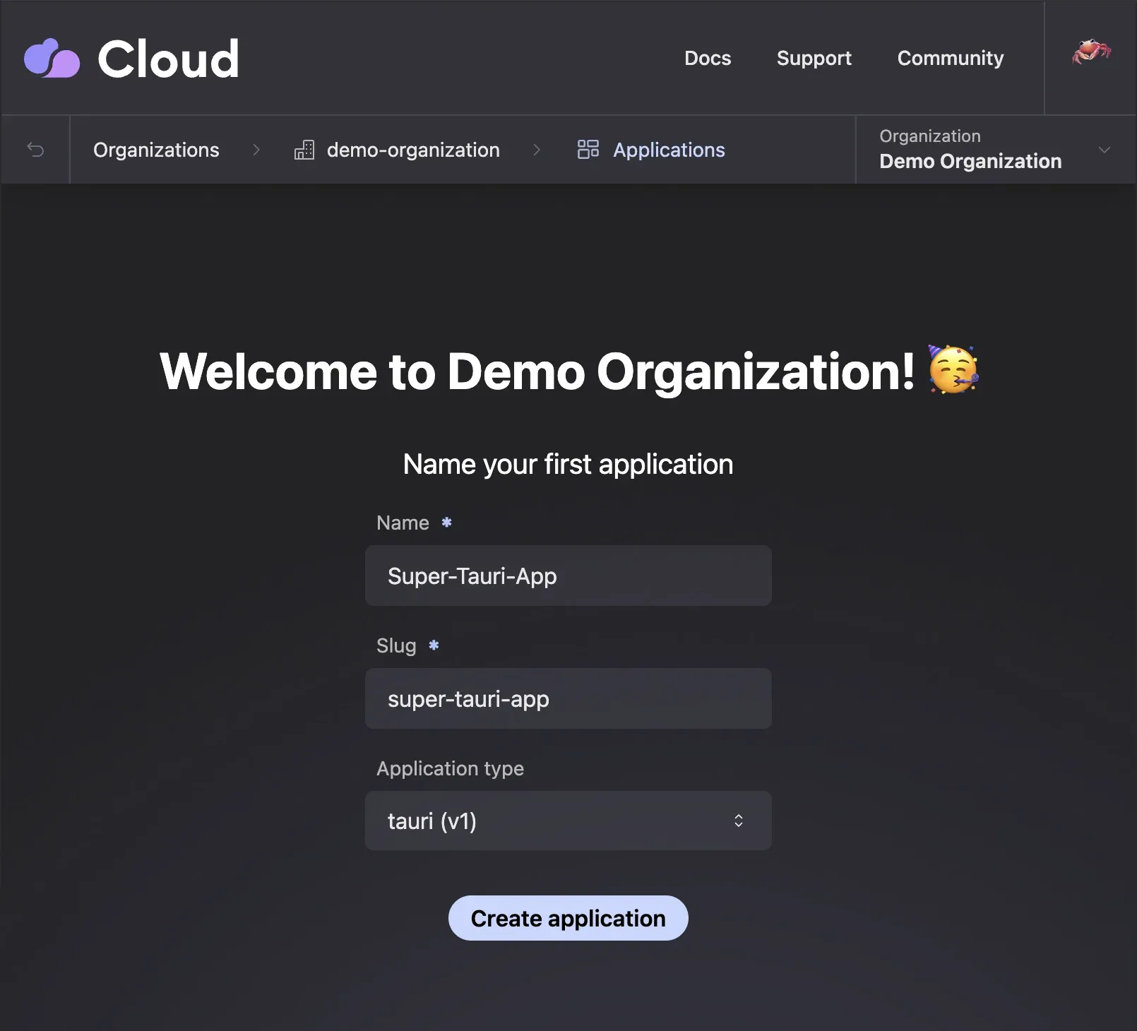 Create a new application on CrabNebula Cloud
