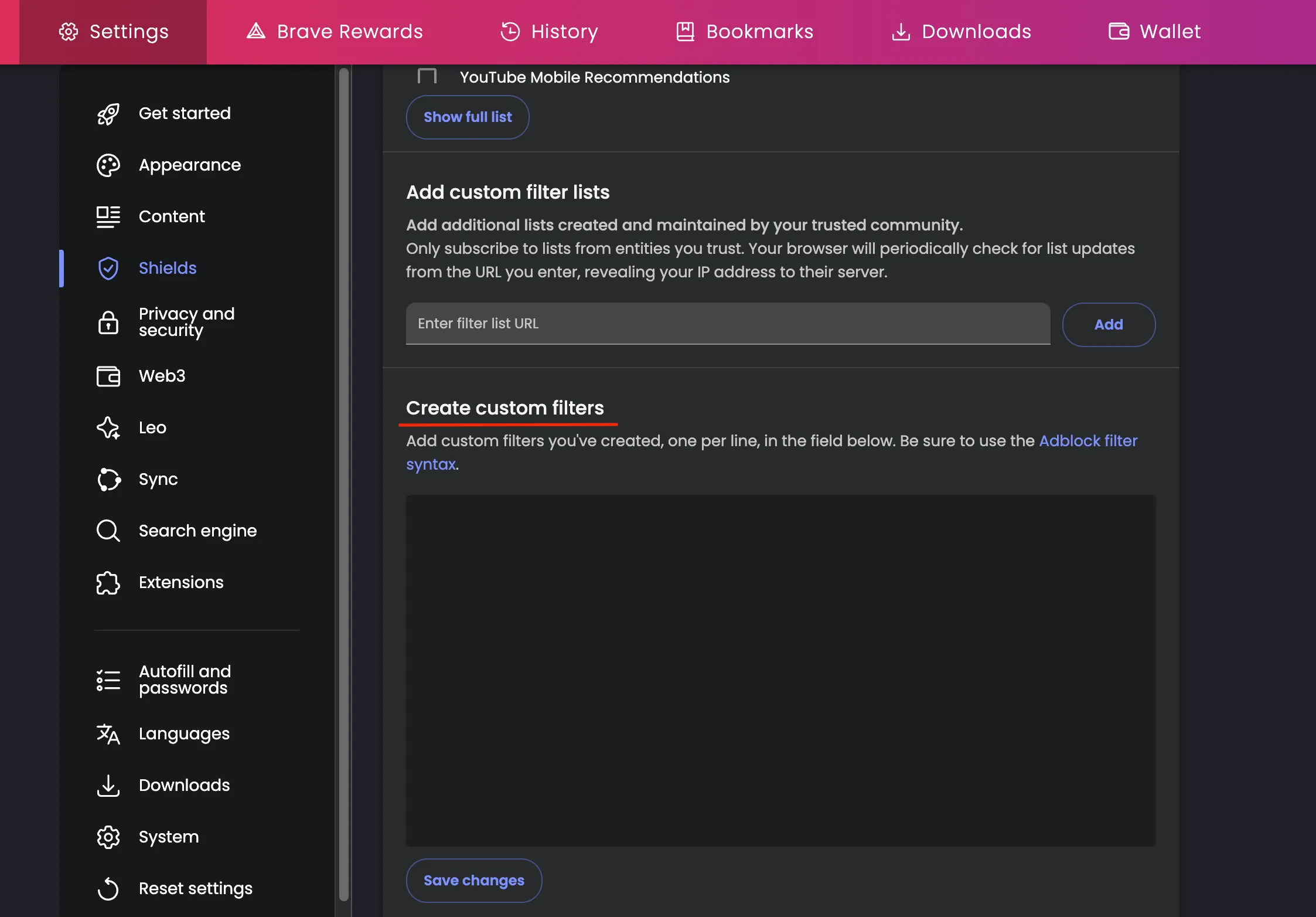 Brave browser scroll down to "Create custom filters"